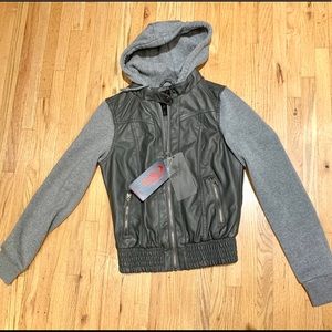 NWT Faux Leather Jacket with Built In Hoodie